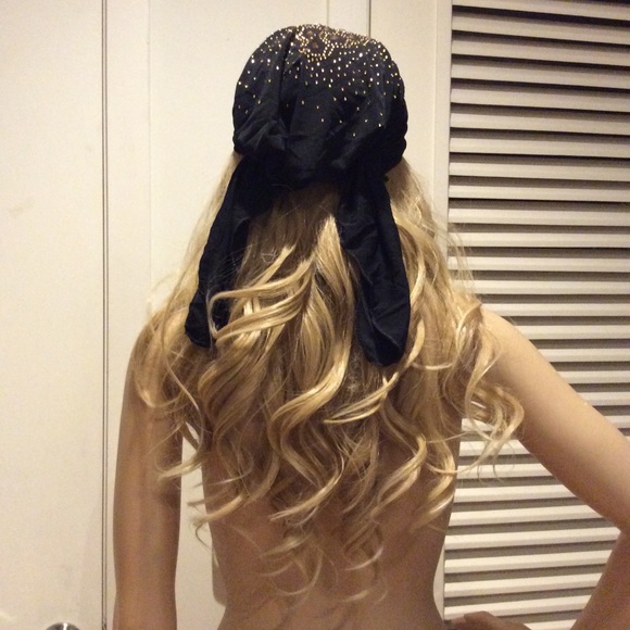 🌺 NEW BLACK & GOLD BLING TURBAN HEAD WRAP CAP HAT - Picture 4 of 6